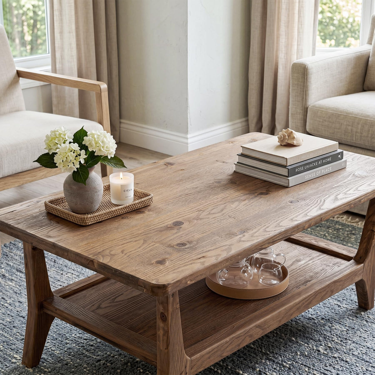 Solid Wood Coffee Table with Storage, 2-Tier Shelf H632711