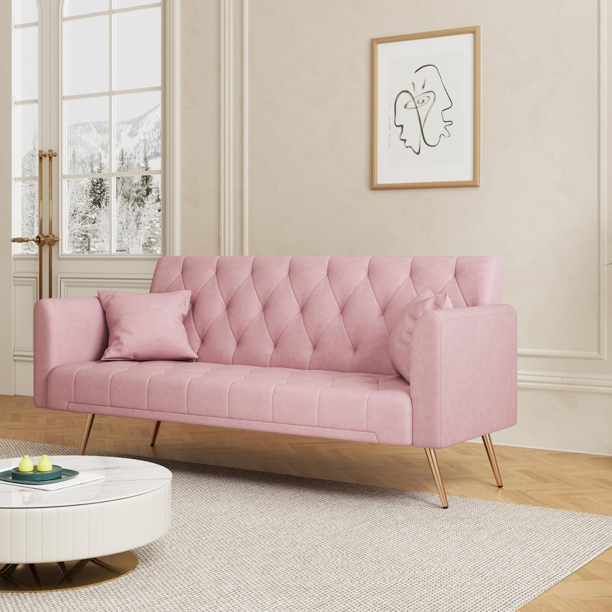 71" Velvet Futon Sofa Bed with 2 Pillows H191