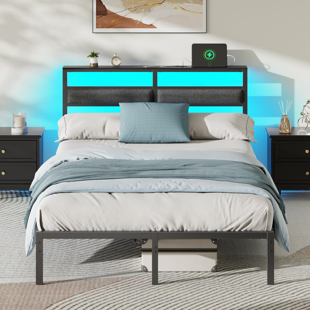 Full Size Black Platform Bed with LED Lights & Charging J3285