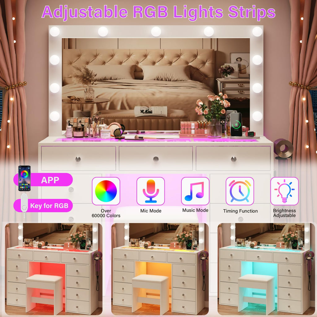 45" Large White Vanity Desk with RGB Lighting C416153