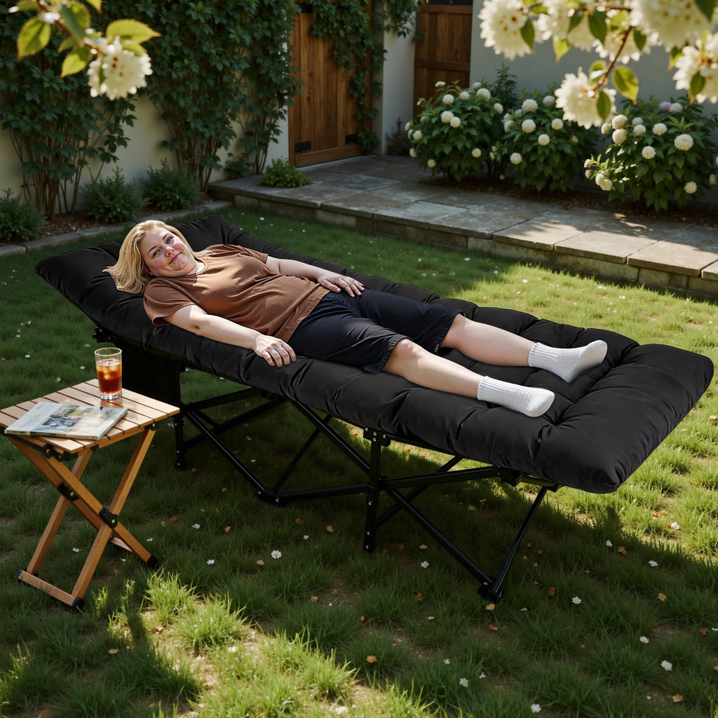 Camping Cot with Thick Mattress and Side Pocket, Black J78801
