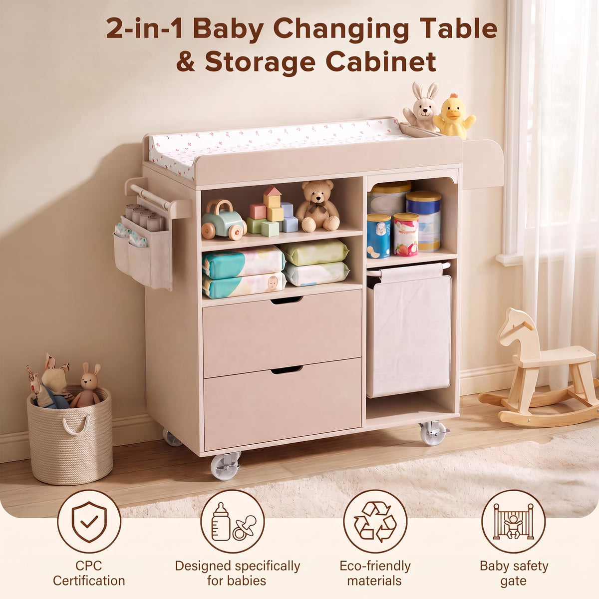 Beige Baby Changing Table Dresser with Drawers U864
