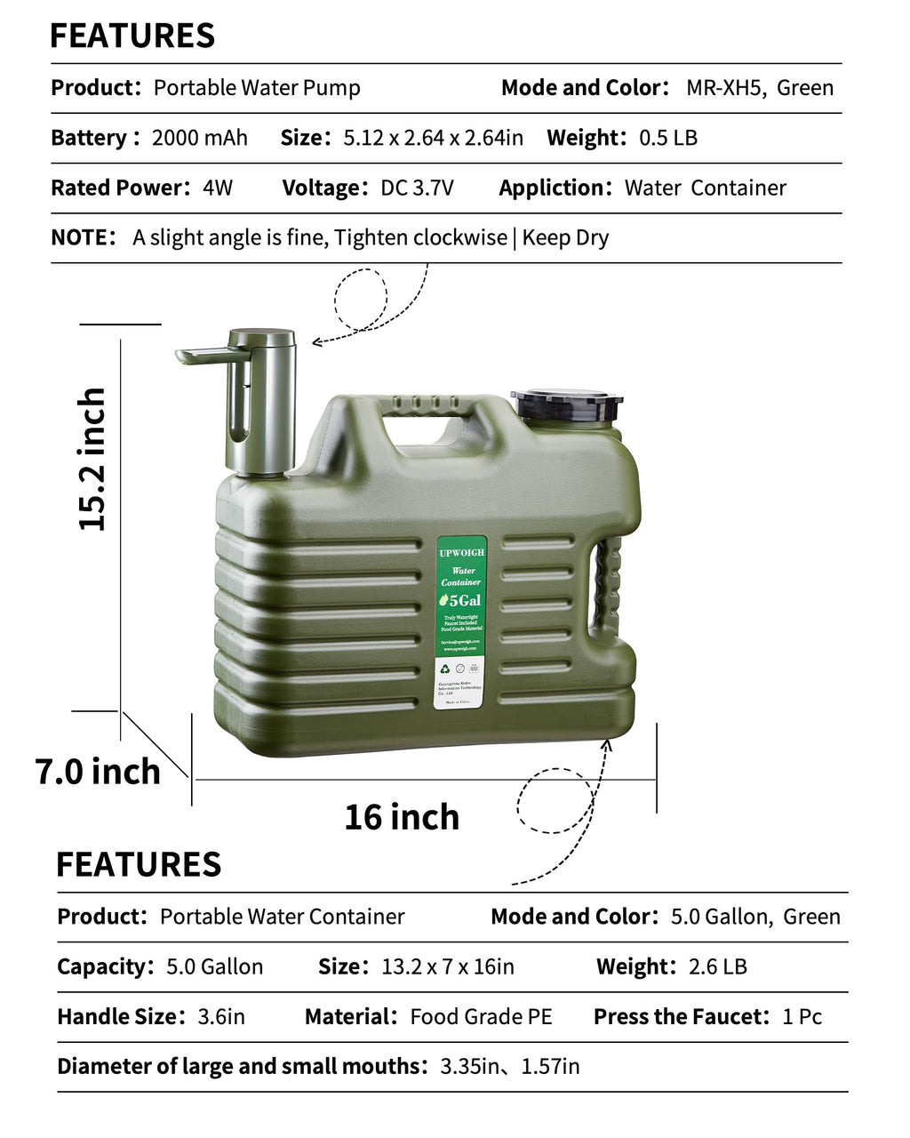 5 Gallon Water Jug with Rechargeable Touch Pump A201853