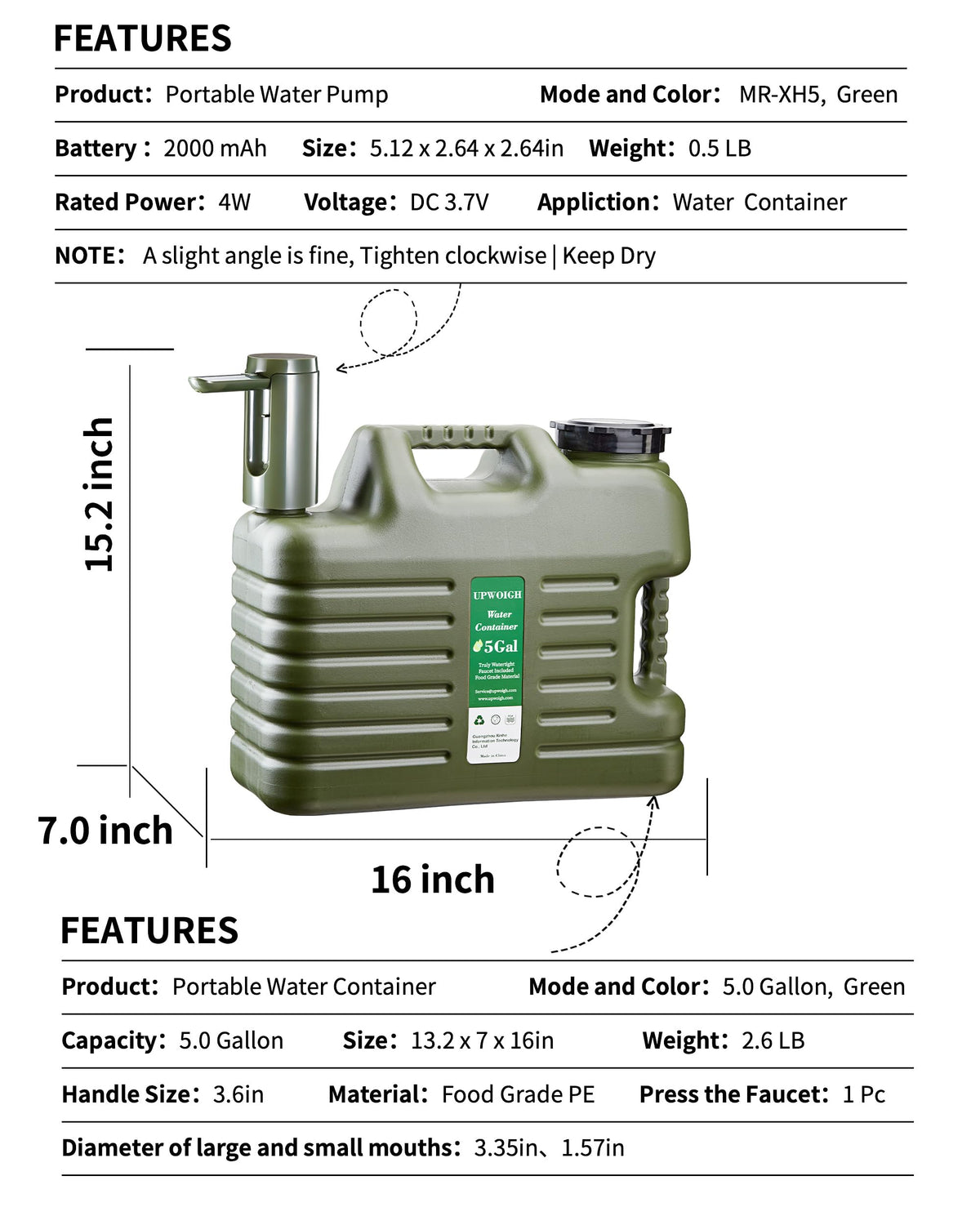 5 Gallon Water Jug with Rechargeable Touch Pump A201853