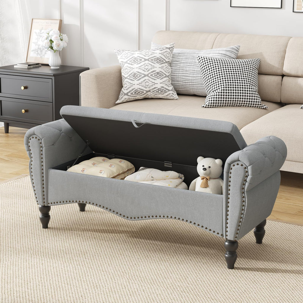 Grey Linen Upholstered Storage Bench with Wood Legs R2391