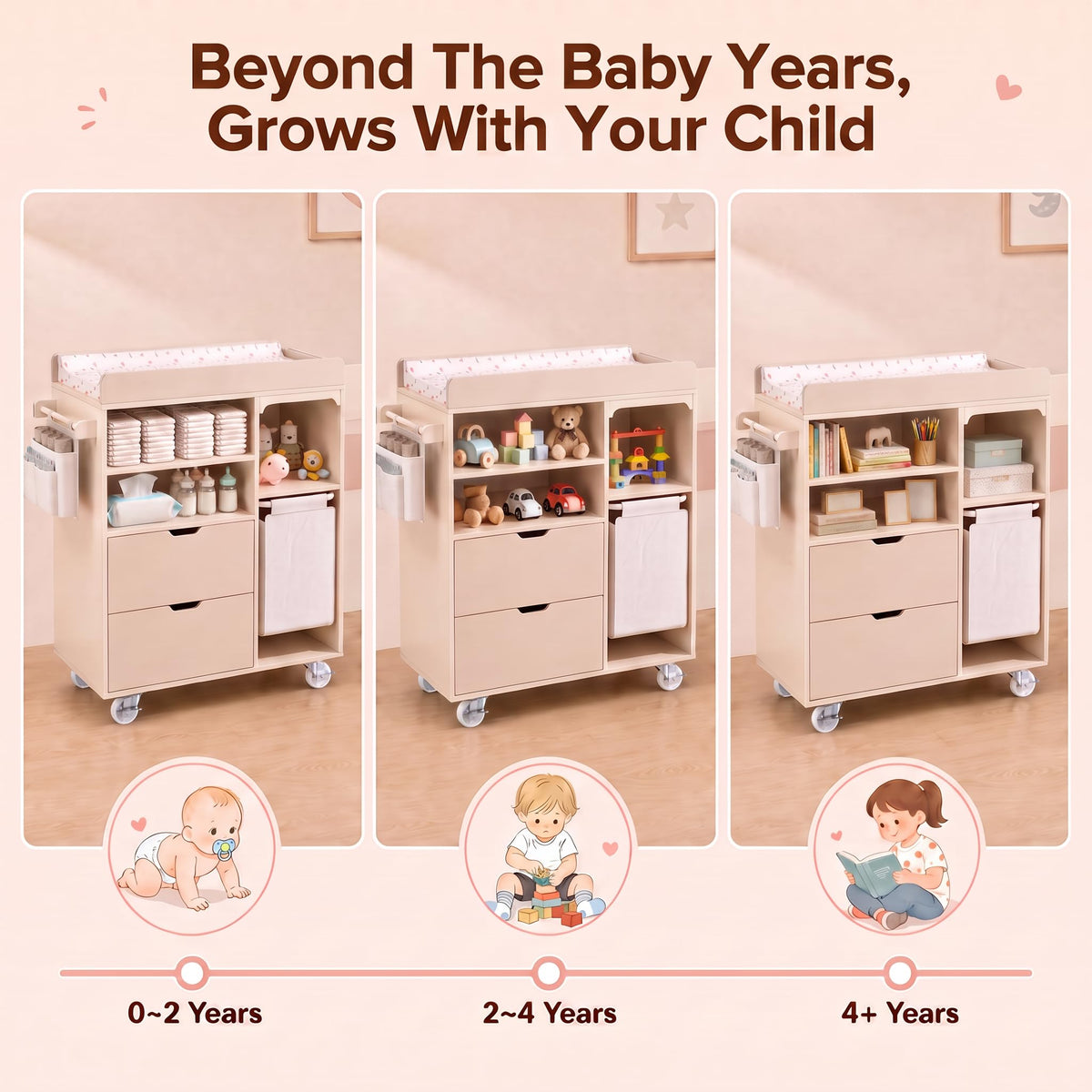 Beige Baby Changing Table Dresser with Drawers U864