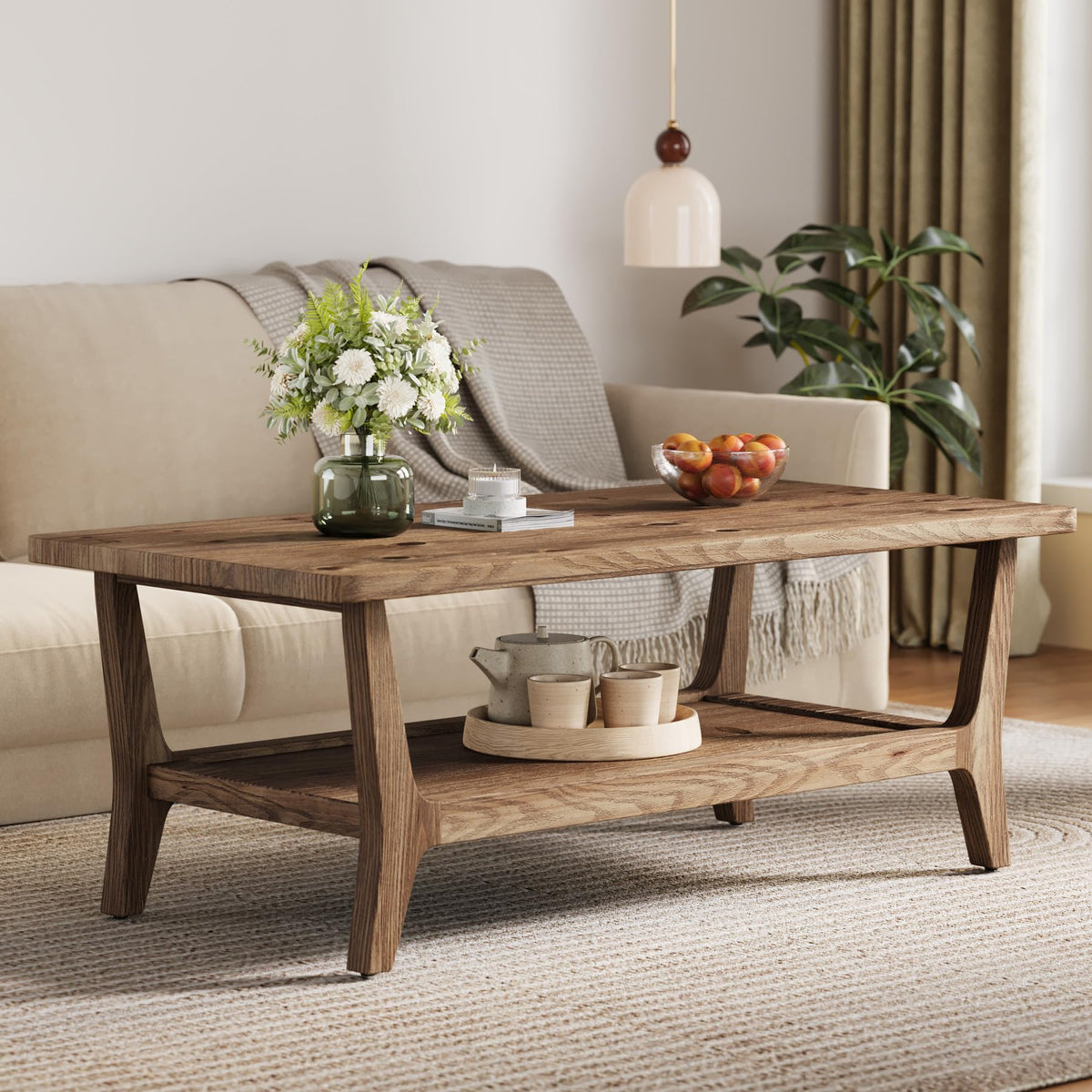 Solid Wood Coffee Table with Storage, 2-Tier Shelf H632711