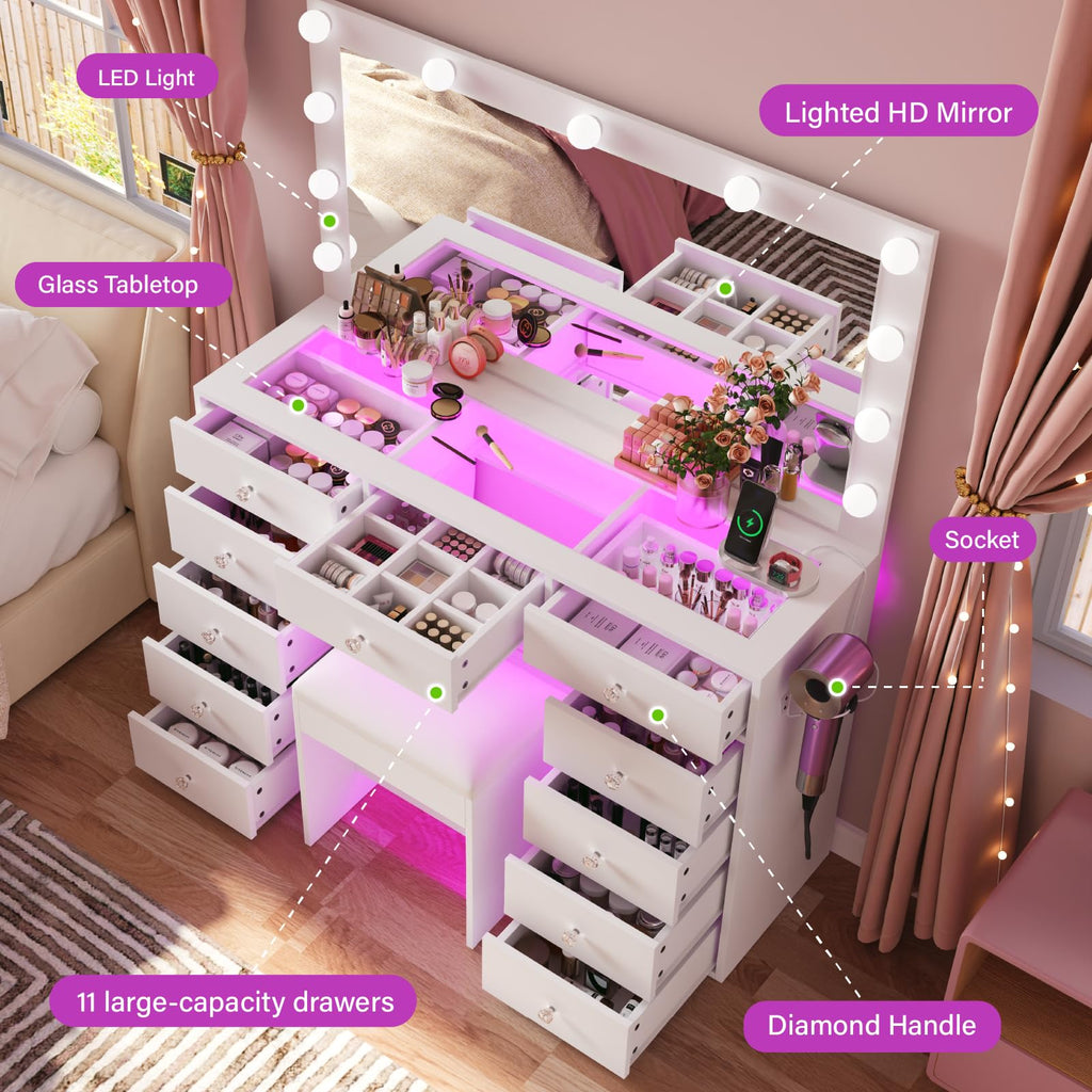 45" Large White Vanity Desk with RGB Lighting C416153