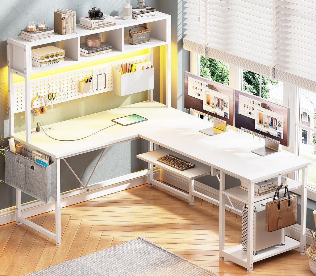 White L Shaped Office Desk with Power Outlet and Storage Shelves Z150