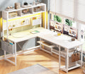 White L Shaped Office Desk with Power Outlet and Storage Shelves Z150