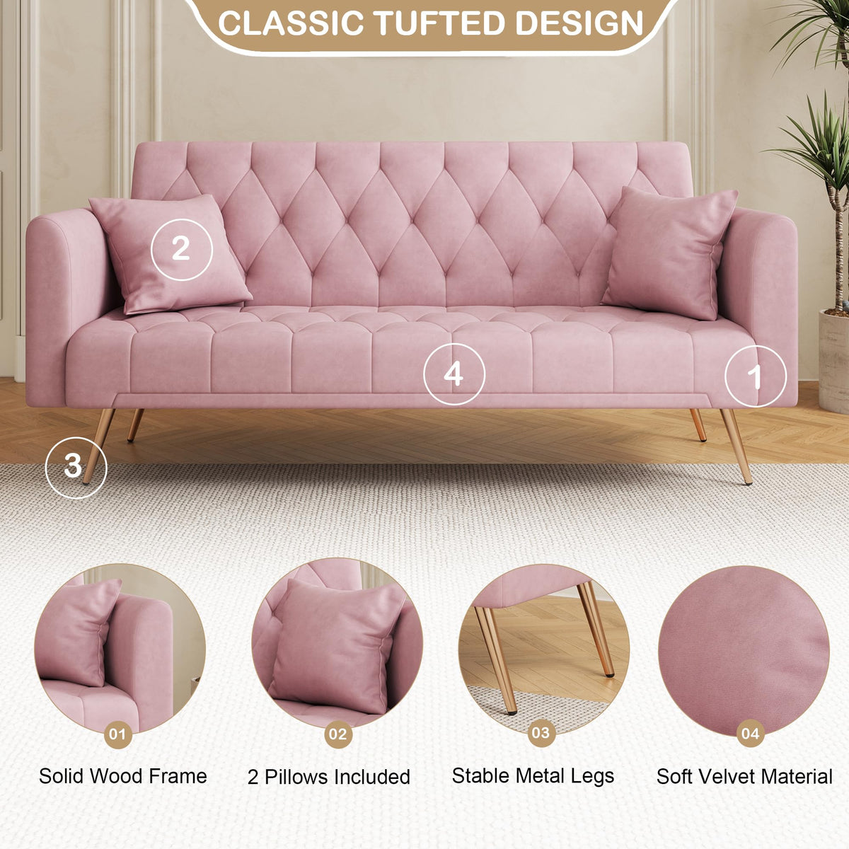 71" Velvet Futon Sofa Bed with 2 Pillows H191