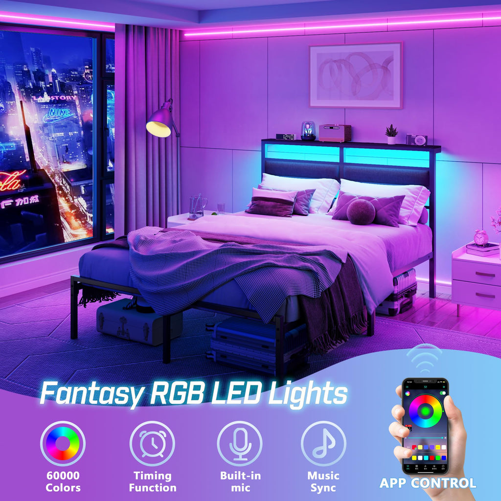 Full Size Black Platform Bed with LED Lights & Charging J3285