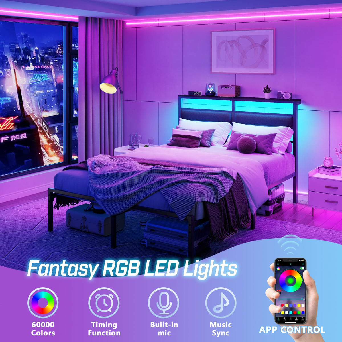 Full Size Black Platform Bed with LED Lights & Charging J3285