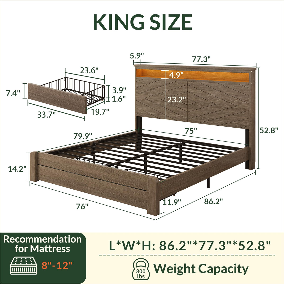 King Size Brown Wooden Platform Bed Frame with Headboard D89583