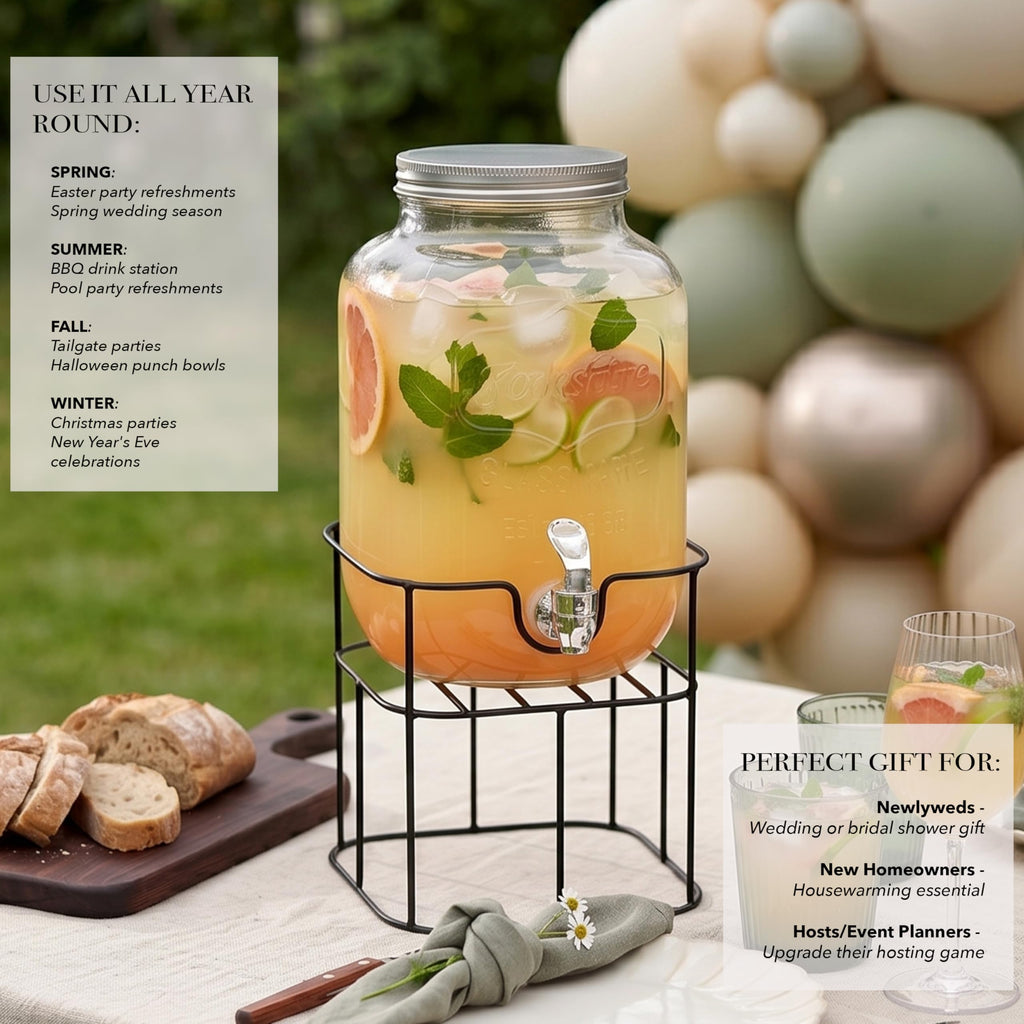 Mason Jar Glass Beverage Dispenser with Metal Stand, 1 Gal Q421