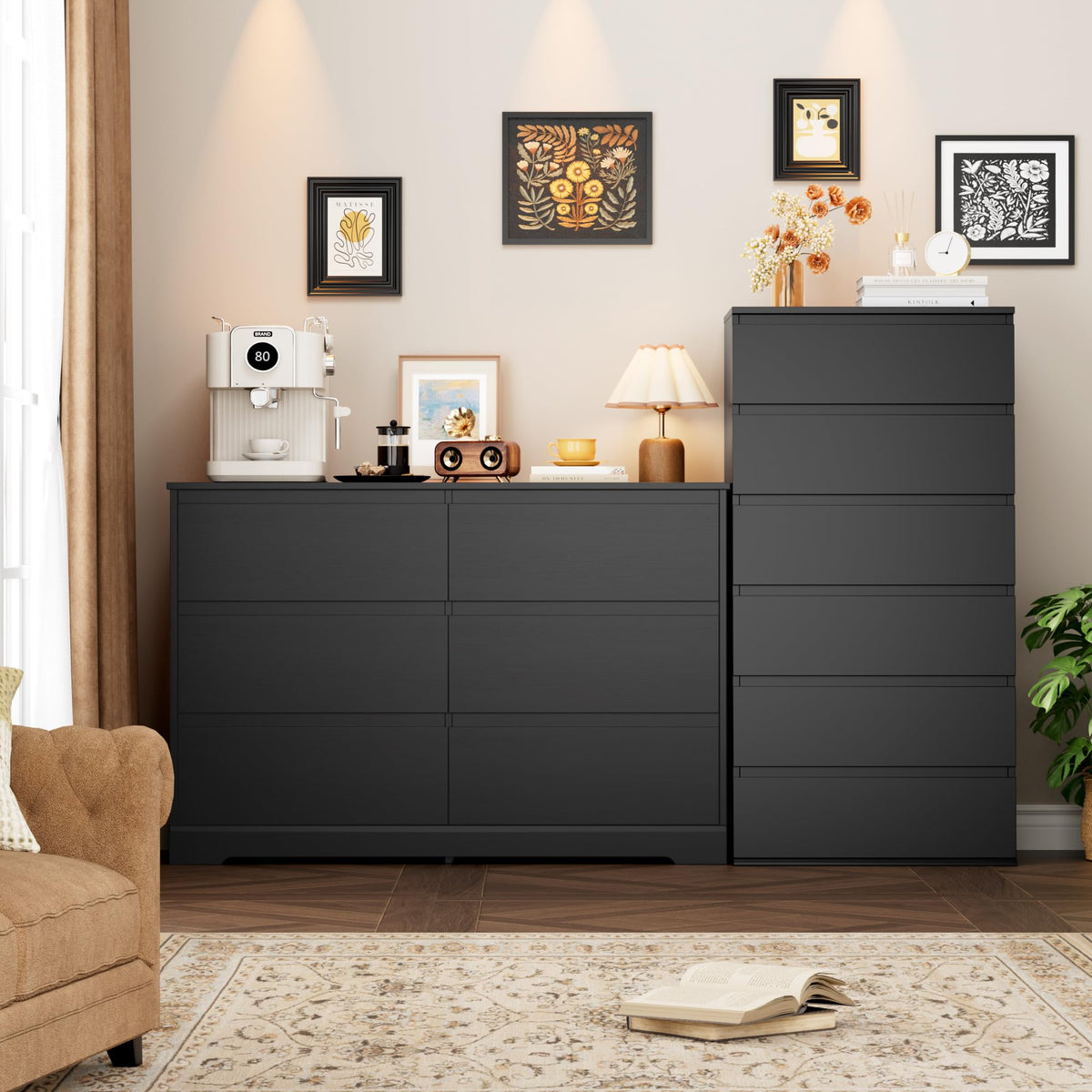 Black 6 Drawer Double Dresser Q958