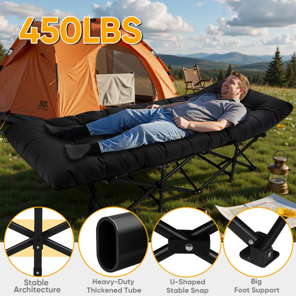 Camping Cot with Thick Mattress and Side Pocket, Black J78801