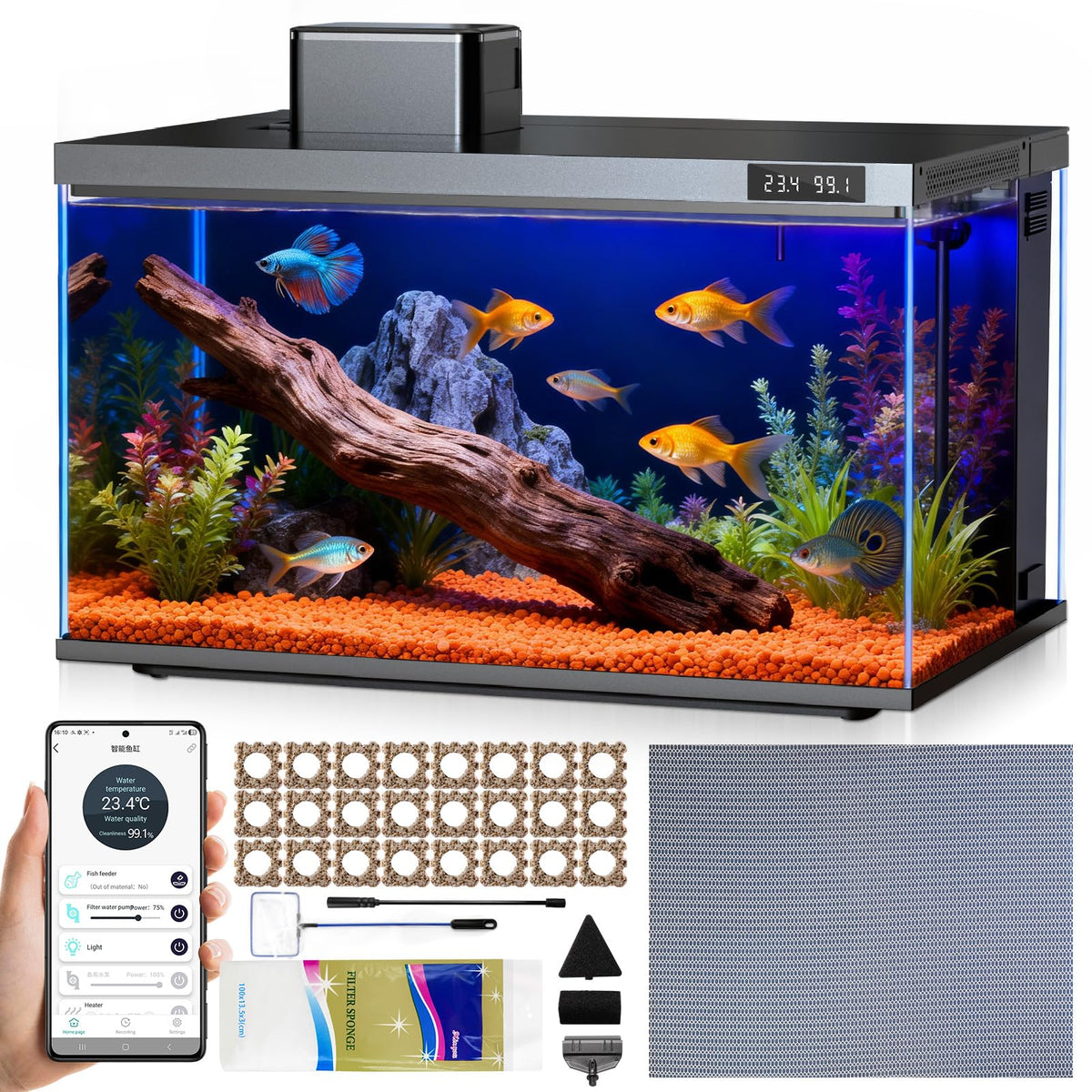 10 Gallon Smart Fish Aquarium Kit with Pump Filtration LED Lighting J670706