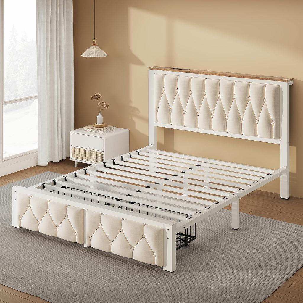 Beige Full Upholstered Platform Bed Frame with 2 Storage Drawers U97785