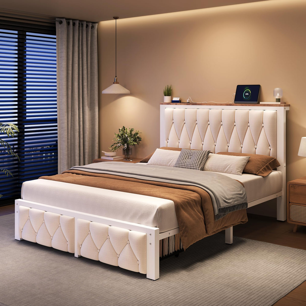 Beige Full Upholstered Platform Bed Frame with 2 Storage Drawers U97785