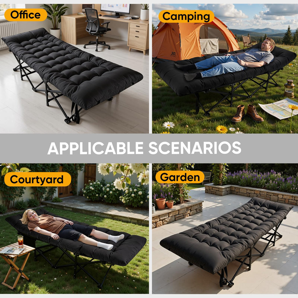Camping Cot with Thick Mattress and Side Pocket, Black J78801