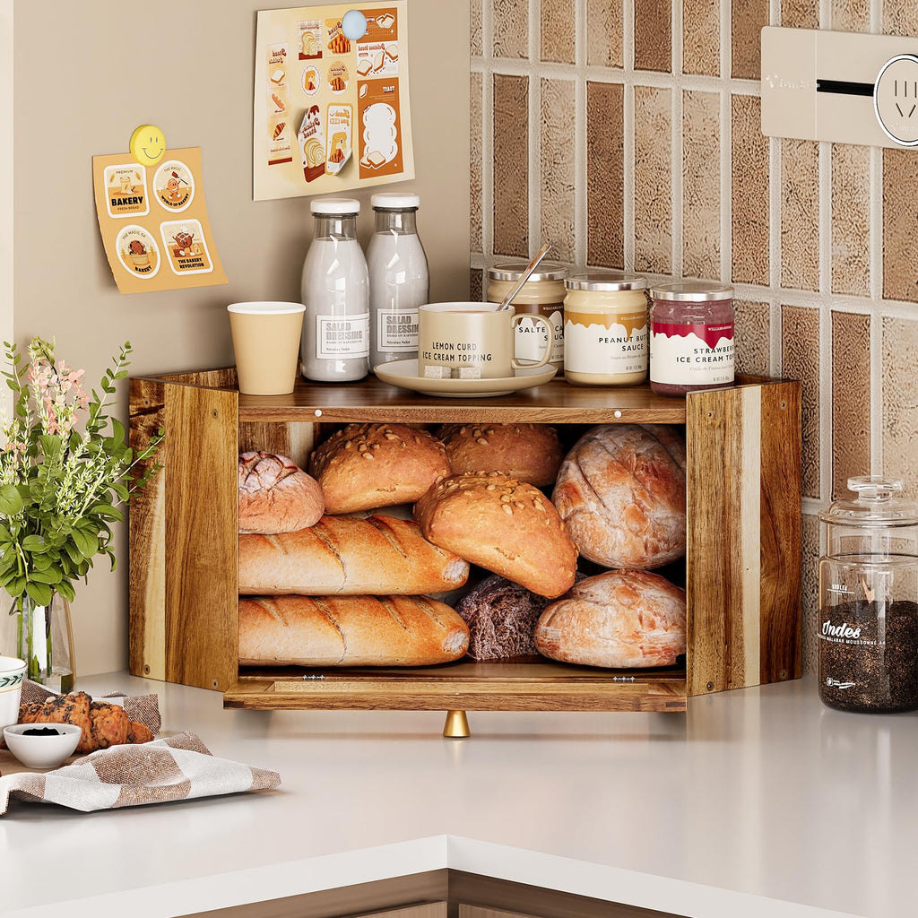 Acacia Wood Corner Bread Box H3965