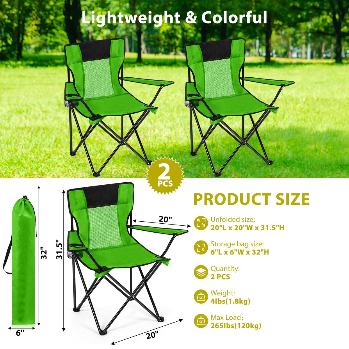 2 PCS Folding Camping Chair with Cupholder and Carry Bag P977