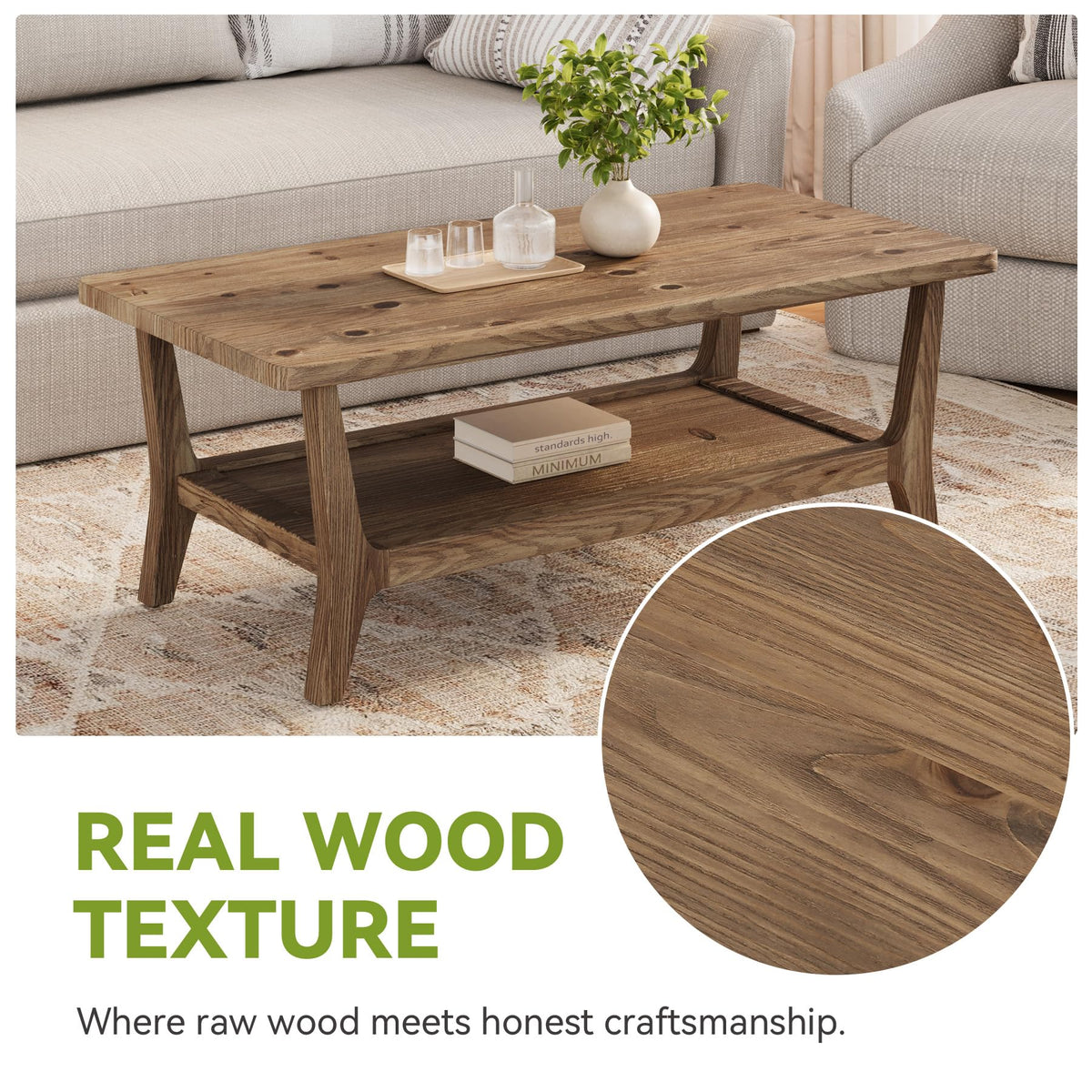 Solid Wood Coffee Table with Storage, 2-Tier Shelf H632711