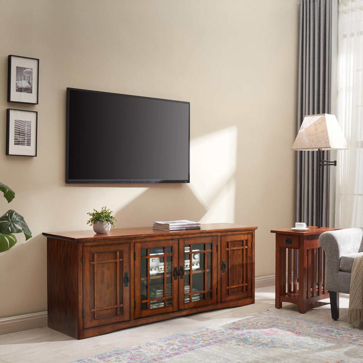 Solid Wood Mission Oak Four Door TV Stand Z34366