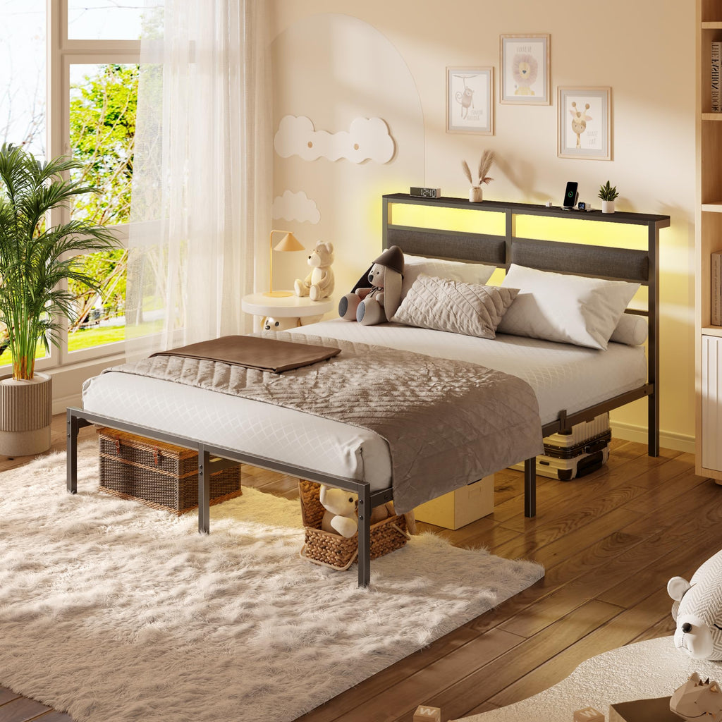 Full Size Black Platform Bed with LED Lights & Charging J3285