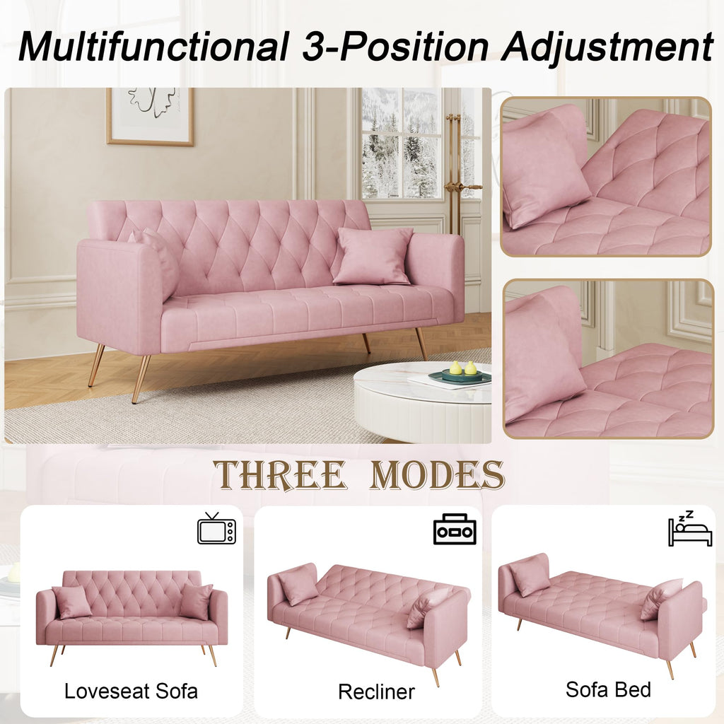 71" Velvet Futon Sofa Bed with 2 Pillows H191