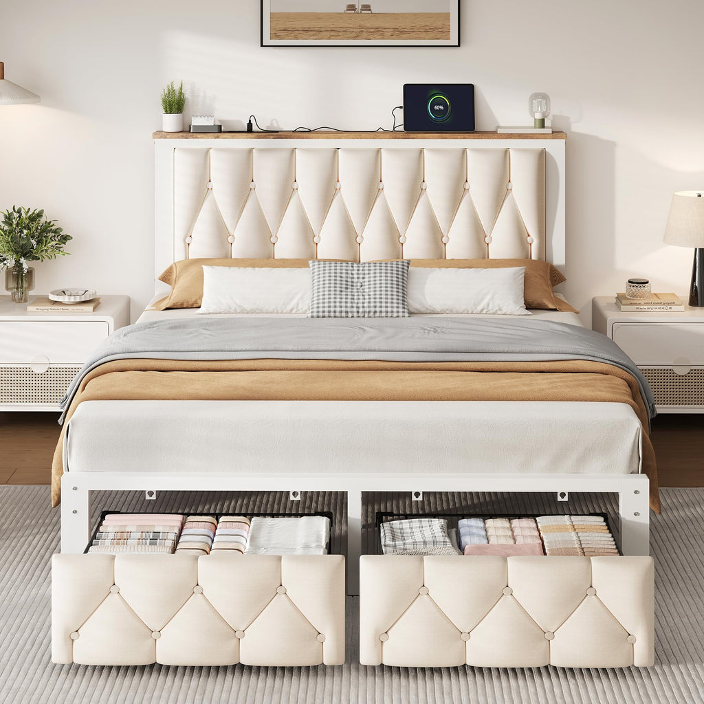 Beige Full Upholstered Platform Bed Frame with 2 Storage Drawers U97785