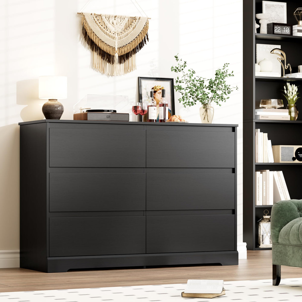 Black 6 Drawer Double Dresser Q958