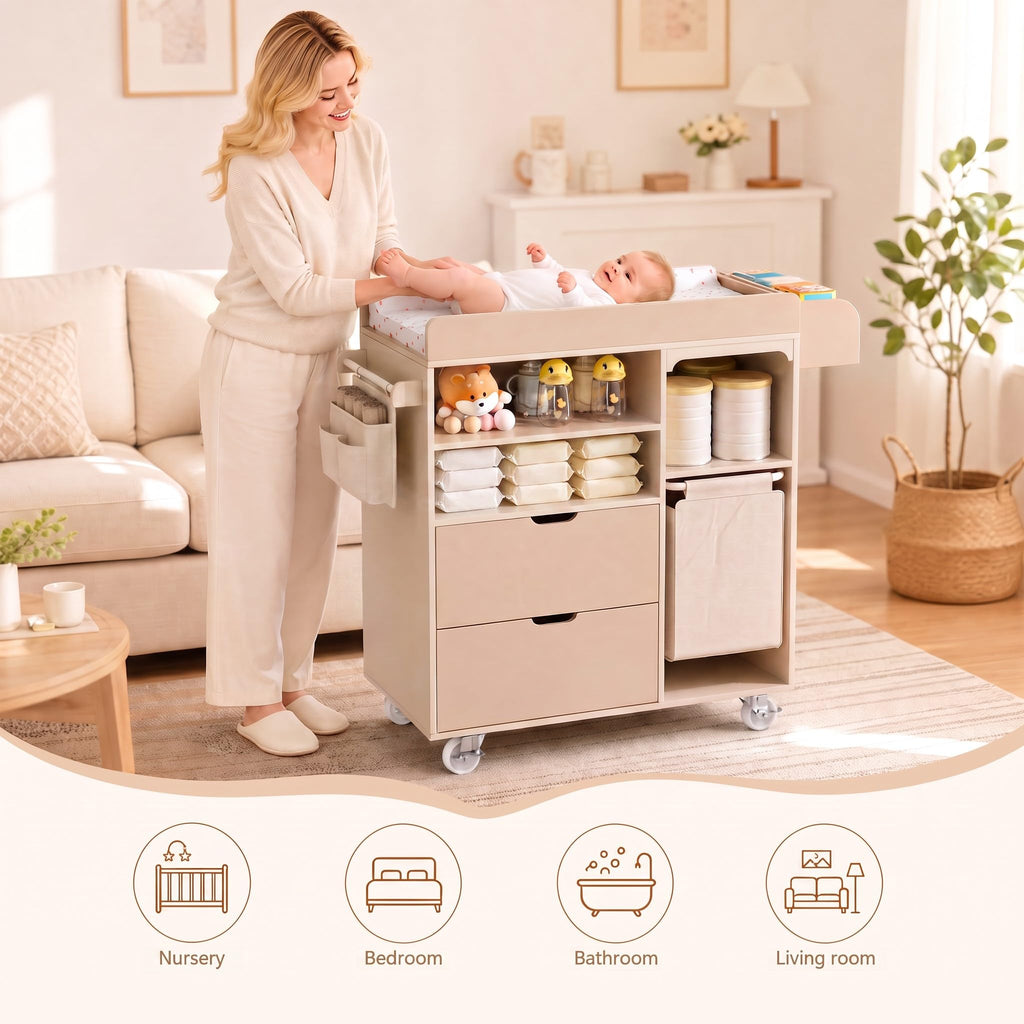 Beige Baby Changing Table Dresser with Drawers U864