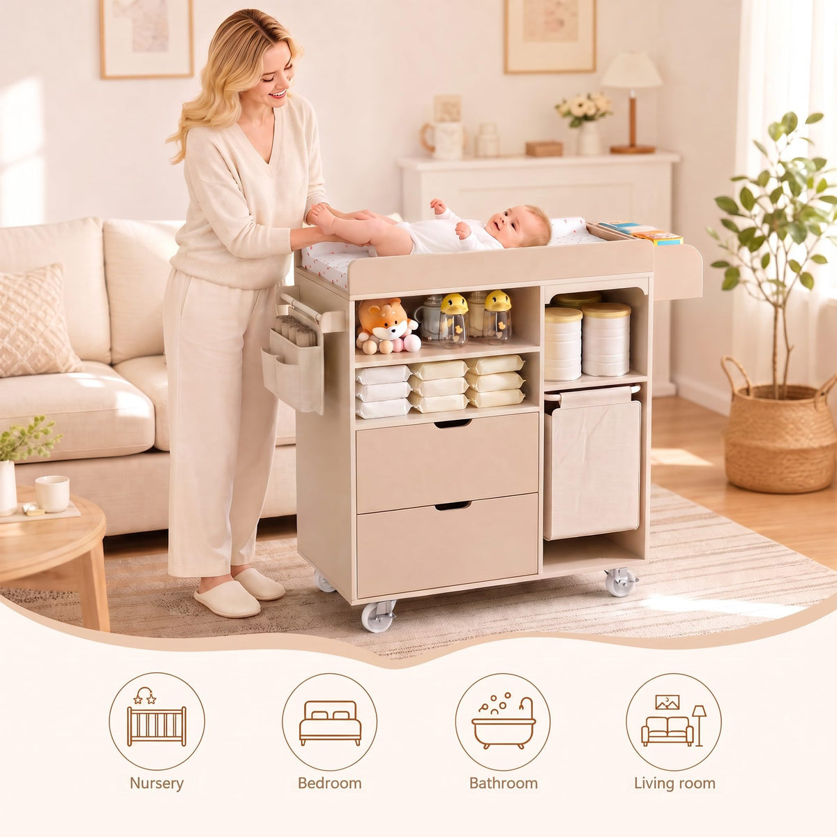 Beige Baby Changing Table Dresser with Drawers U864
