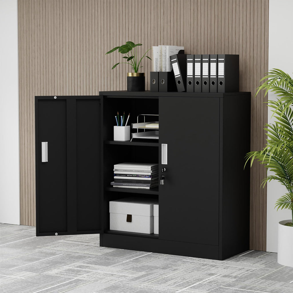 Metal Storage Cabinet with Locking Doors and 2 Adjustable Shelves, Black X496