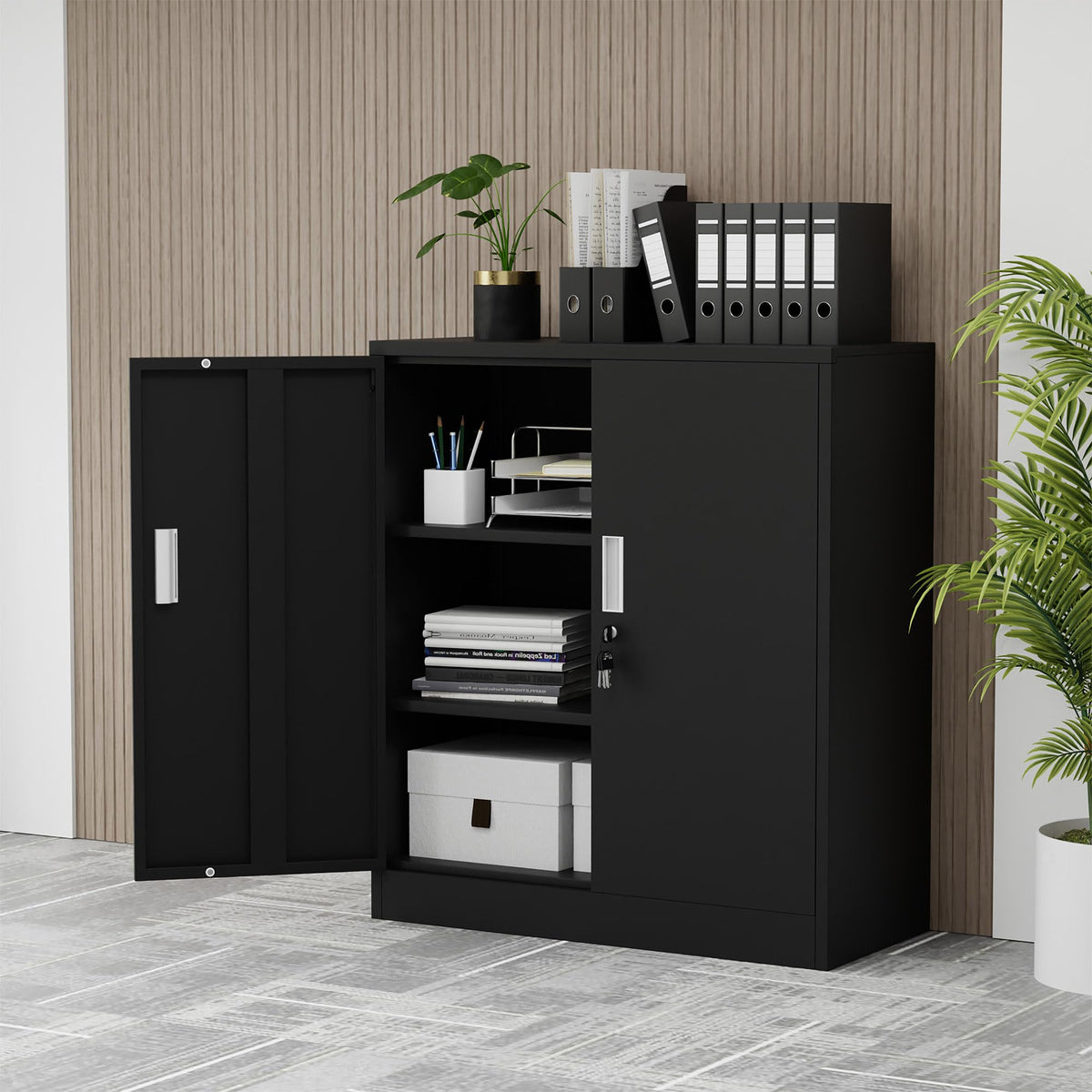 Metal Storage Cabinet with Locking Doors and 2 Adjustable Shelves, Black X496
