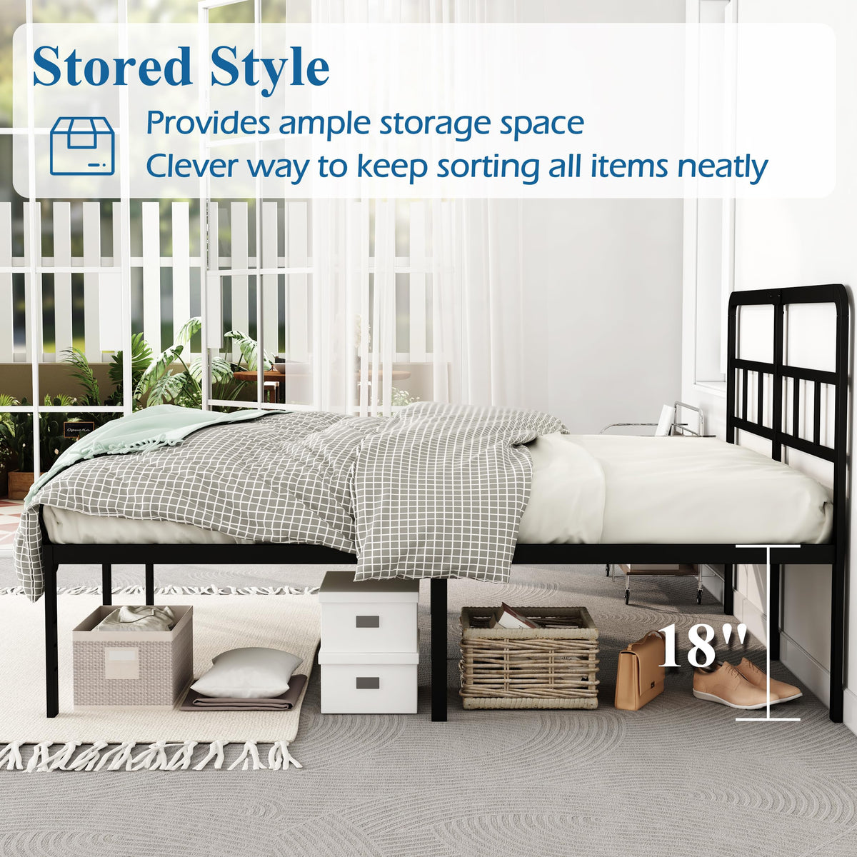 18 Inch Metal Queen Bed Frame with Headboard F96767