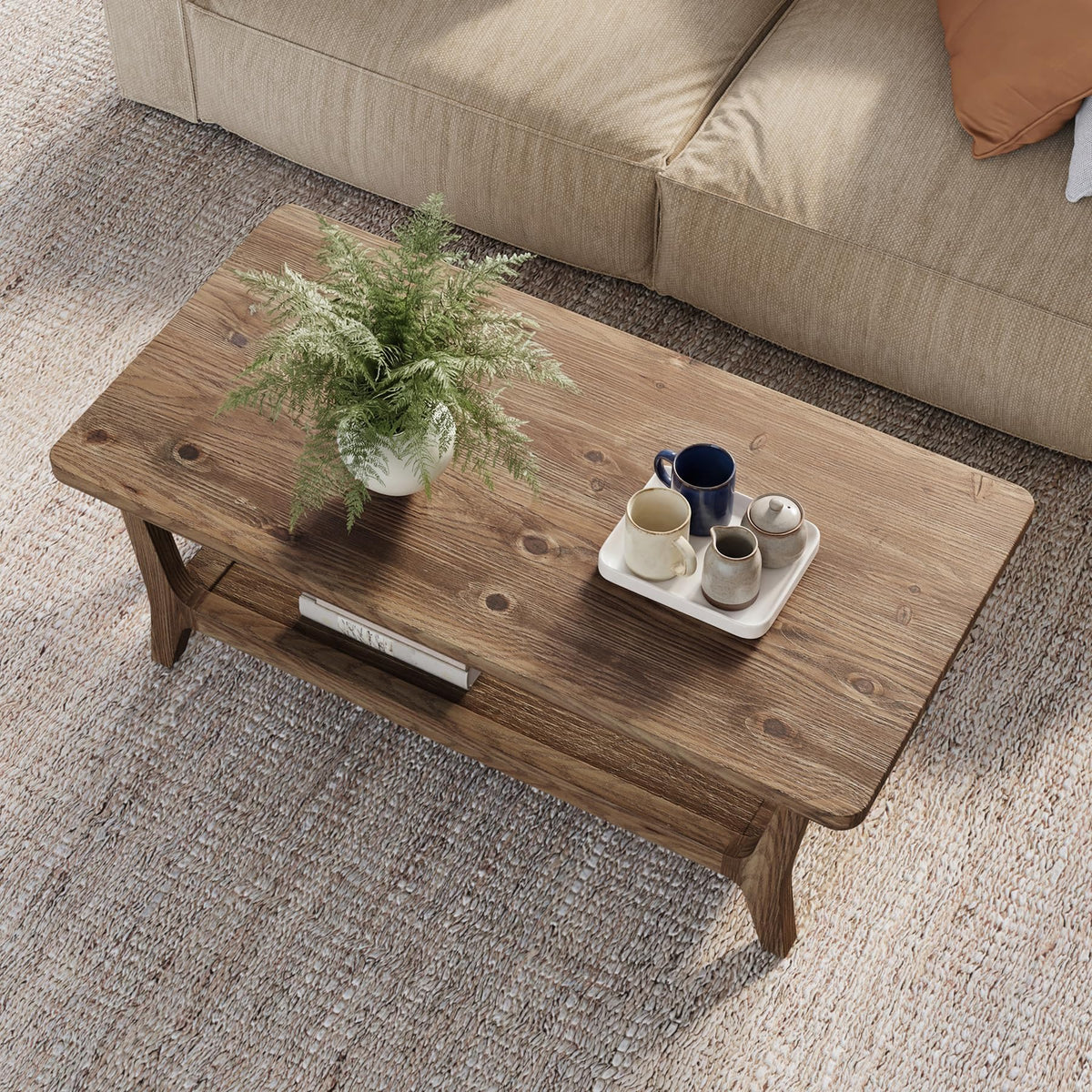 Solid Wood Coffee Table with Storage, 2-Tier Shelf H632711