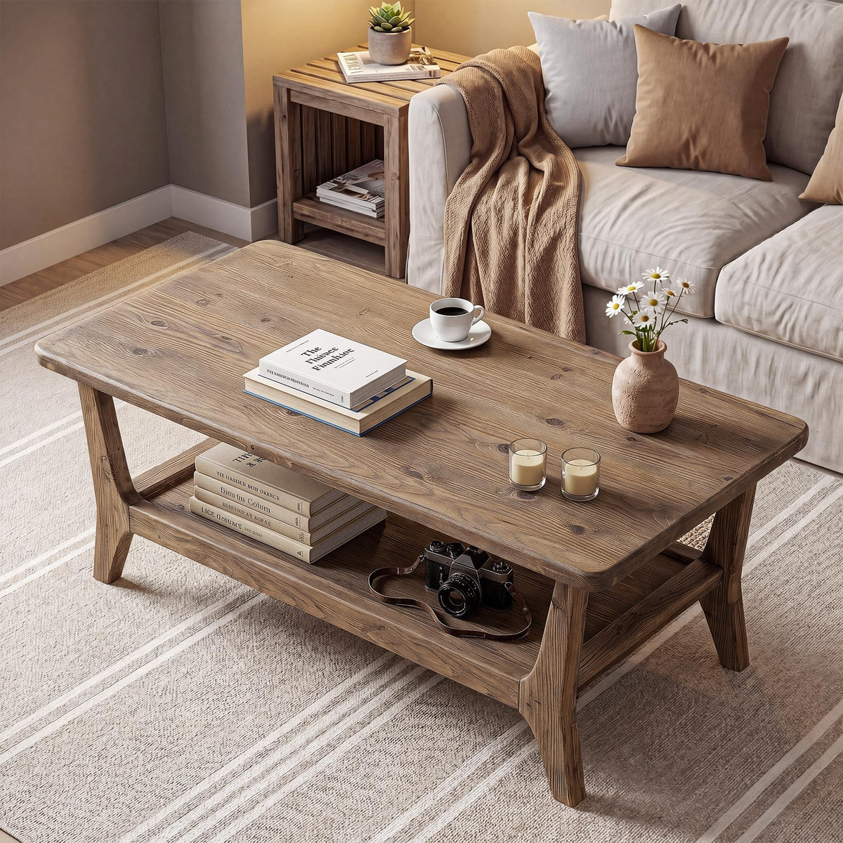Solid Wood Coffee Table with Storage, 2-Tier Shelf H632711
