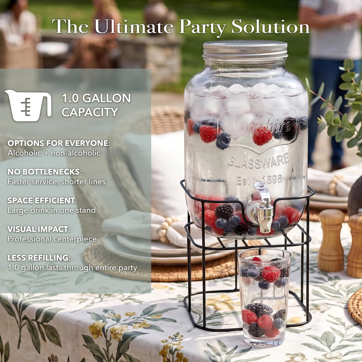 Mason Jar Glass Beverage Dispenser with Metal Stand, 1 Gal Q421