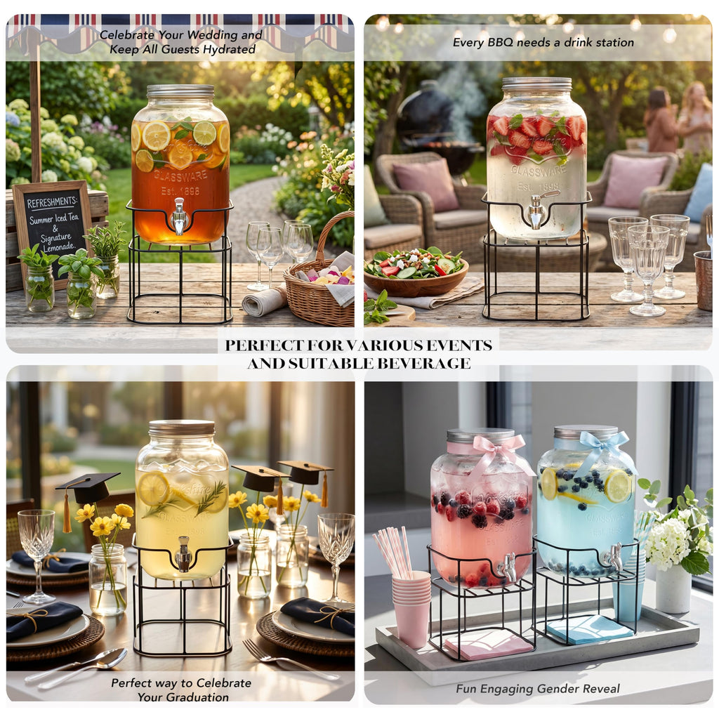 Mason Jar Glass Beverage Dispenser with Metal Stand, 1 Gal Q421