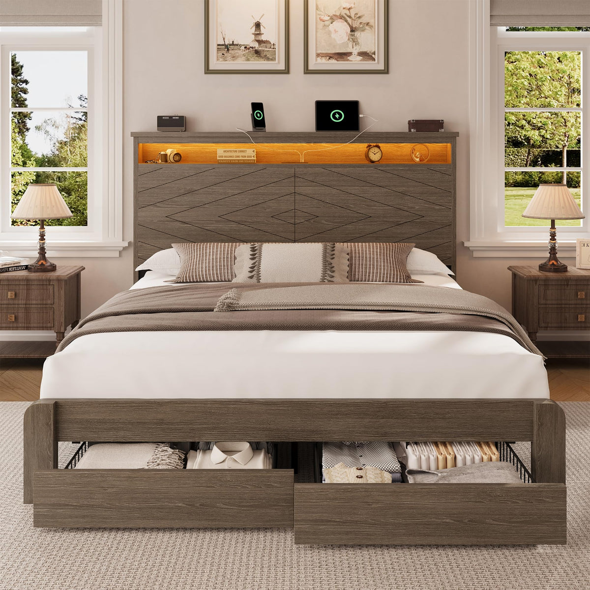 King Size Brown Wooden Platform Bed Frame with Headboard D89583