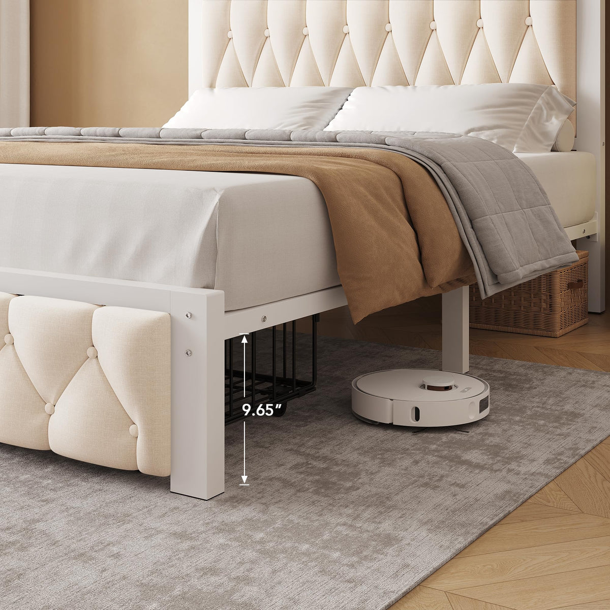 Beige Full Upholstered Platform Bed Frame with 2 Storage Drawers U97785
