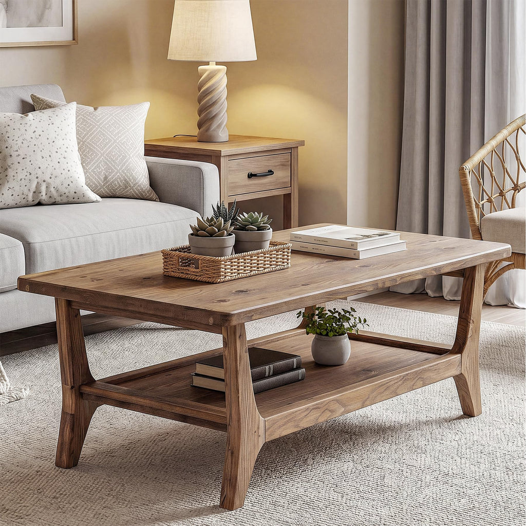 Solid Wood Coffee Table with Storage, 2-Tier Shelf H632711