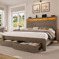 King Size Brown Wooden Platform Bed Frame with Headboard D89583