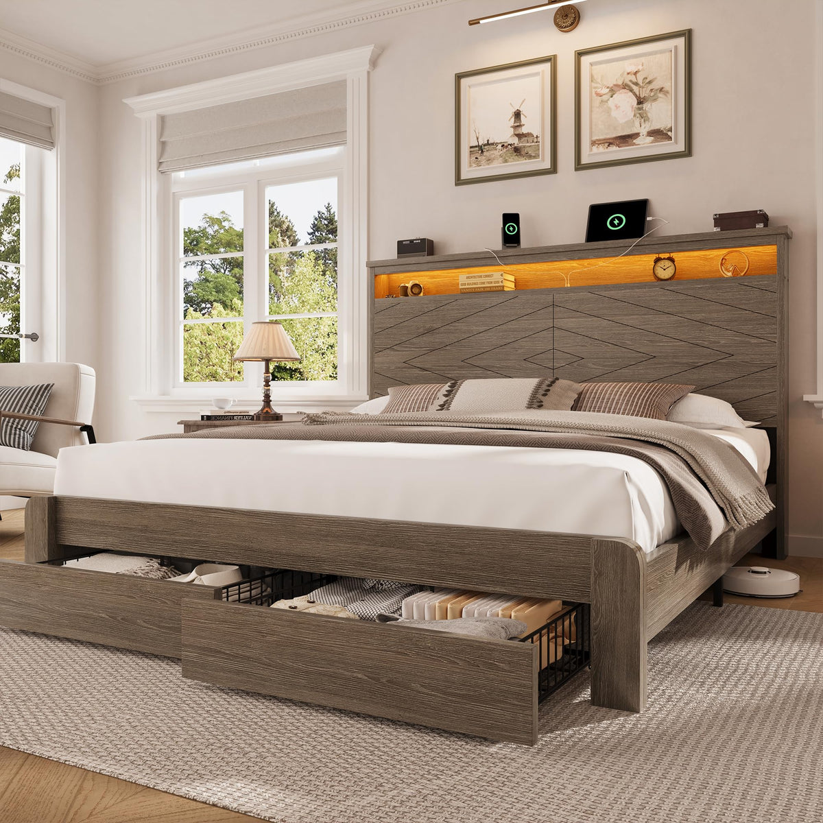 King Size Brown Wooden Platform Bed Frame with Headboard D89583